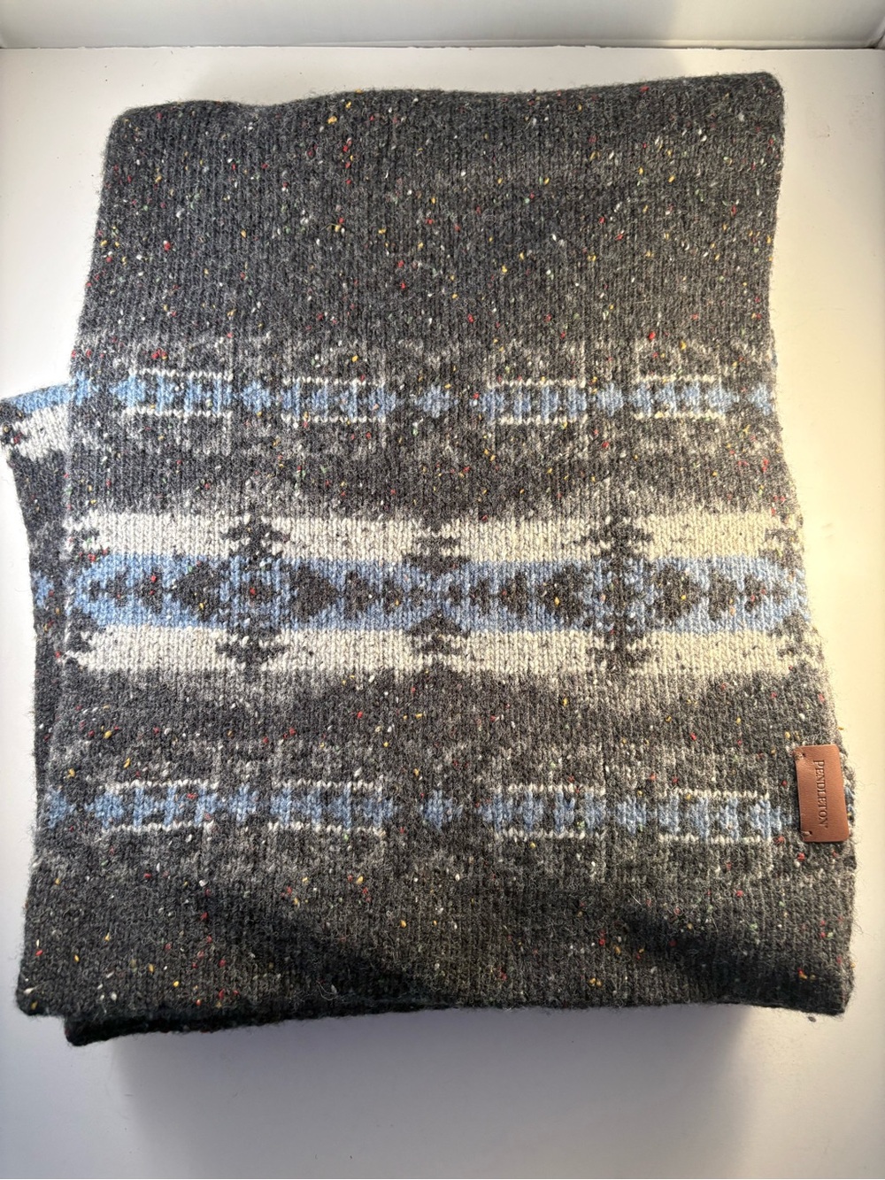 Pendleton Scarf Wool Knit Gray Blue Black Aztec Native Southwest Tribal 86”x11”